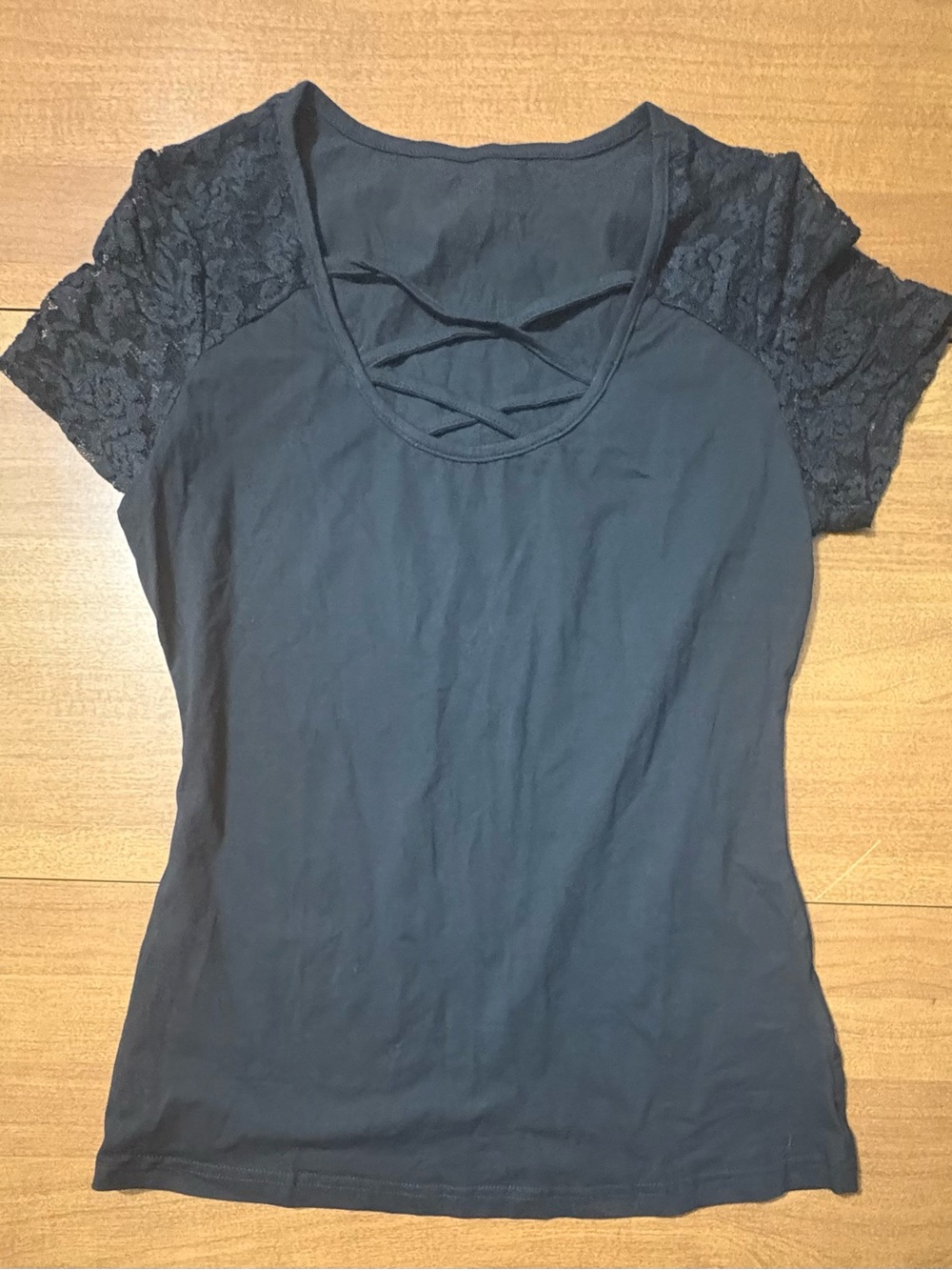 Women's Black Short Sleeve Top with Lace Sleeves and Crisscross Detail